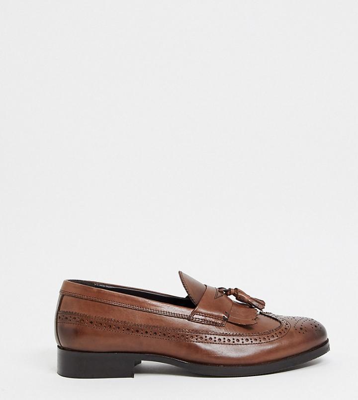 Asos Design Wide Fit Loafers In Brown Polished Leather With Brogue Detail