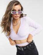 Bershka Organic Cotton Velvet Ballerina Wrap Top In Lilac-purple