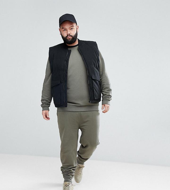 Asos Plus Tracksuit Standard Sweatshirt/skinny Jogger With Contrast Waistband In Khaki - Green