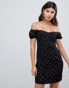 Prettylittlething Bardot Mini Dress In Polka - Black