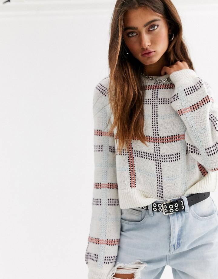 Noisy May Check Cropped Knitted Sweater