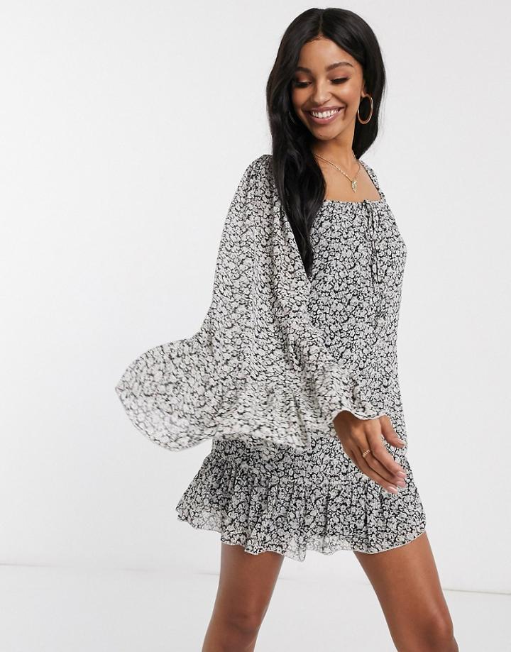 Missguided Flare Sleeve Floral Smock Dress-black