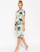 Asos Short Sleeve Peplum Dress In Floral Print - Green