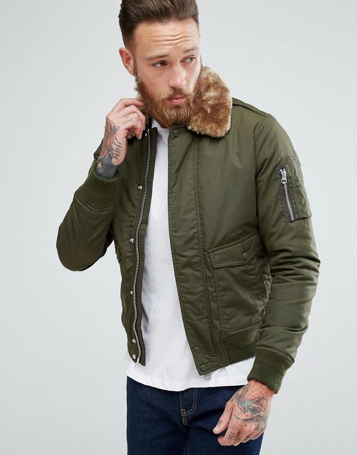 Schott Air Bomber Jacket Detachable Faux Fur Collar Slim Fit In Green/beige - Green