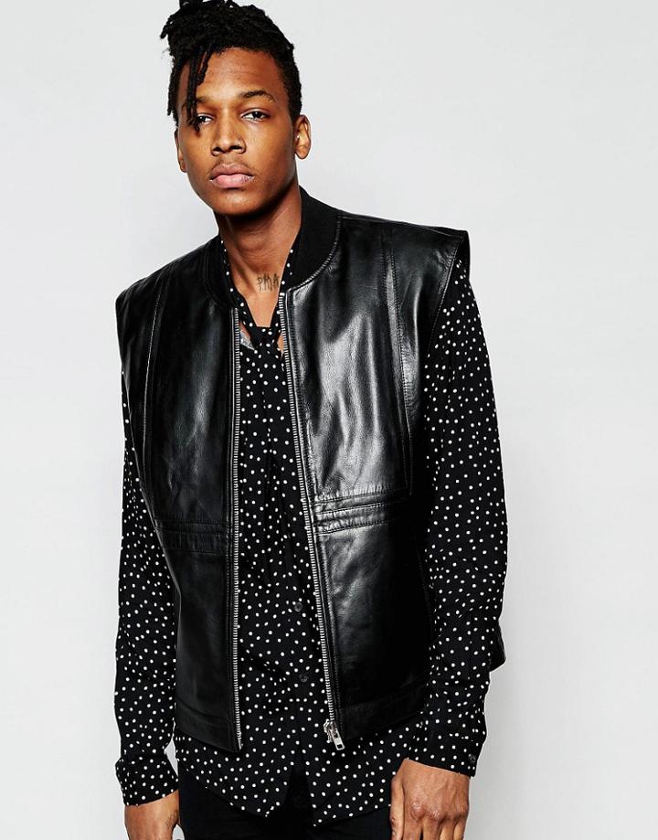 Asos Sleeveless Leather Bomber In Black - Black