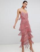 Asos Fringe Mesh Strappy Maxi Bodycon Dress - Pink