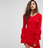 Prettylittlething Ruffle Sleeve Knitted Dress - Red