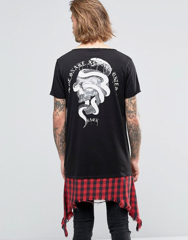 Asos Extreme Longline T-shirt With Shredded Check Hem Extender In Black With Snake Back Print - Black