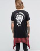 Asos Extreme Longline T-shirt With Shredded Check Hem Extender In Black With Snake Back Print - Black