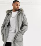 Asos Design Tall Parka Jacket In Gray With Faux Fur Lining