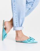 Asos Design Lass Oversized Bow Pointed Flat Mules In Blue Satin-black