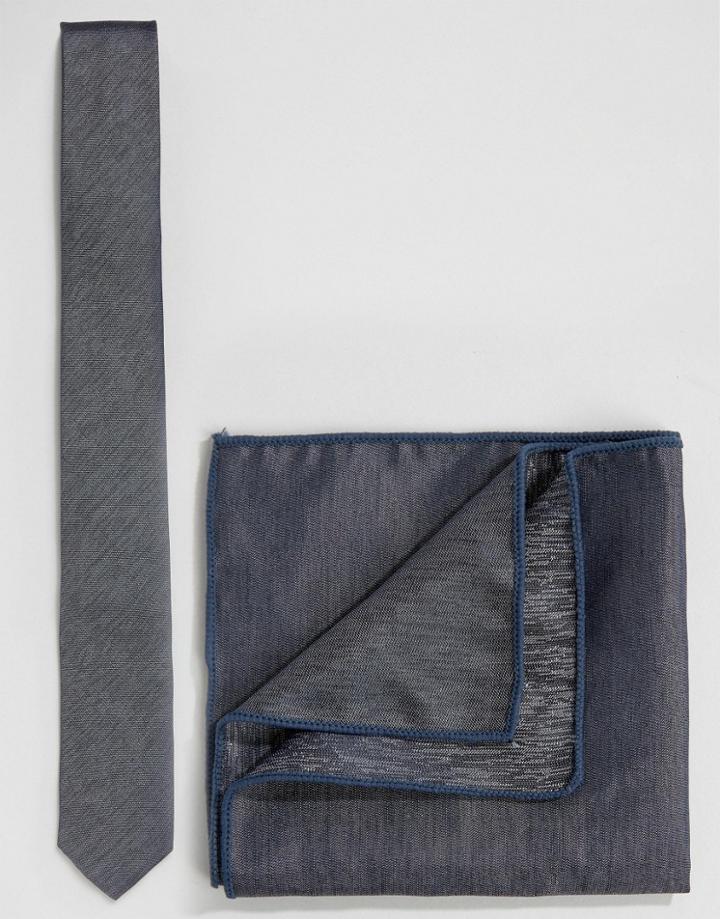 Minimum Tie And Pocket Square Set In Chambray - Blue