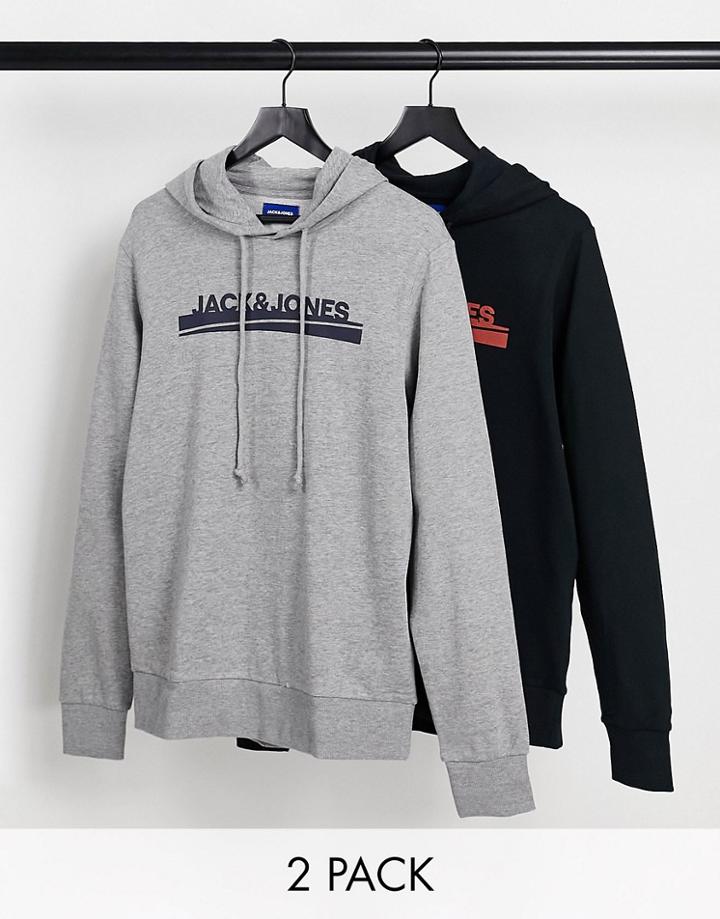 Jack & Jones 2-pack Hoodies In Black And Light Gray Heather-multi