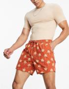 Asos Design Shorter Shorts In Linen Look With Palm Tree Print-brown