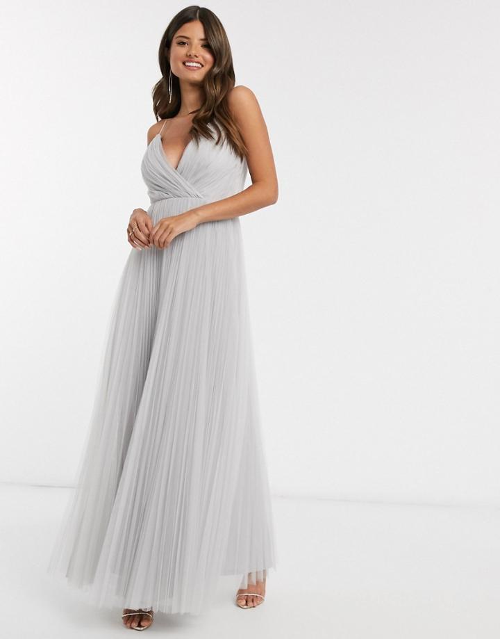 Asos Design Cami Pleat Tulle Maxi Dress In Silver