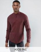 Asos Tall Regular Fit Tencel Shirt With Grandad Collar In Burgundy - Red