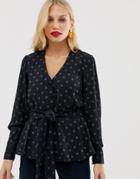 Y.a.s Textured Spot Top With Waist Tie - Black