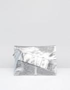 Asos Metallic Leather Ruffle Clutch Bag - Silver