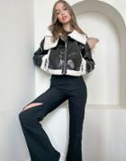 Asos Design Cracked Vinyl Cropped Aviator In Black-green