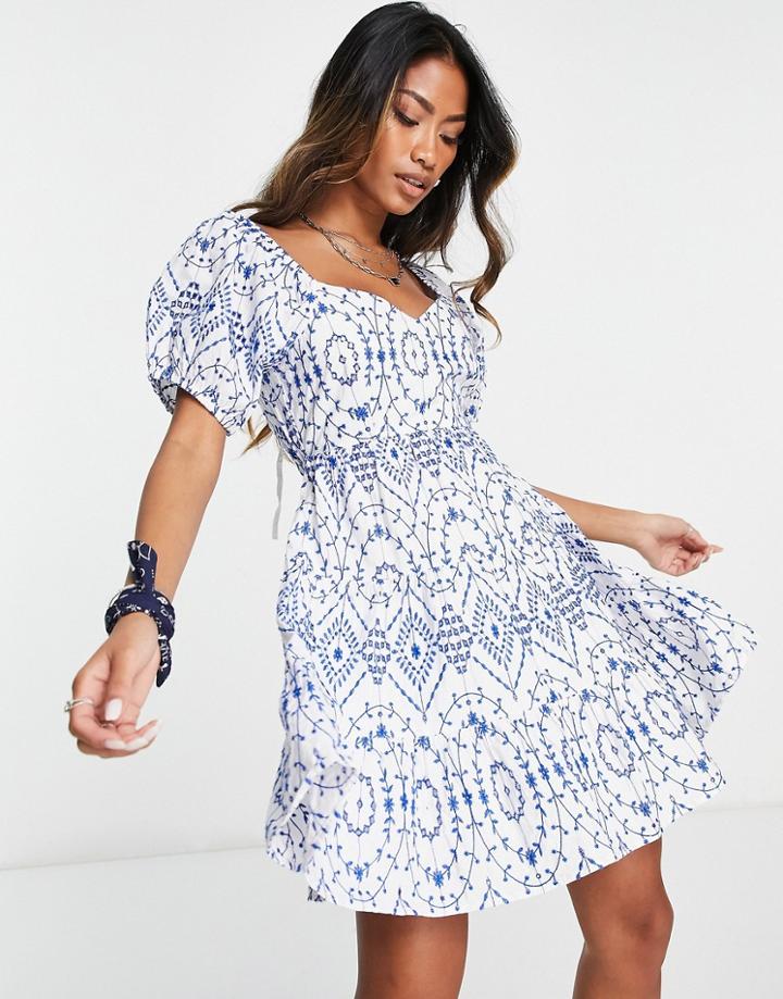 Topshop Open Back Broderie Mini Dress With Blue Stitch In White
