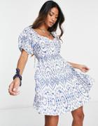 Topshop Open Back Broderie Mini Dress With Blue Stitch In White