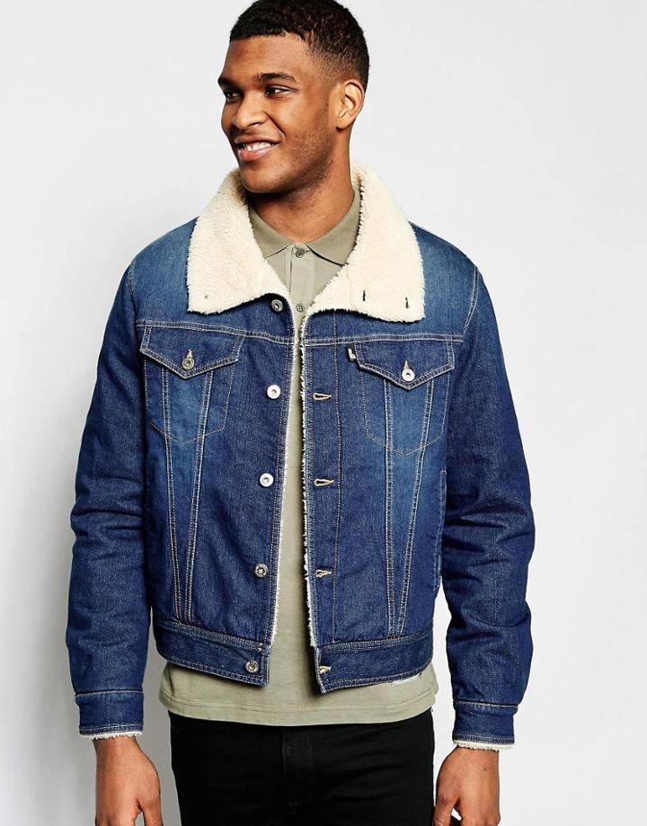 Love Moschino Denim Jacket Shearling Collar - Blue