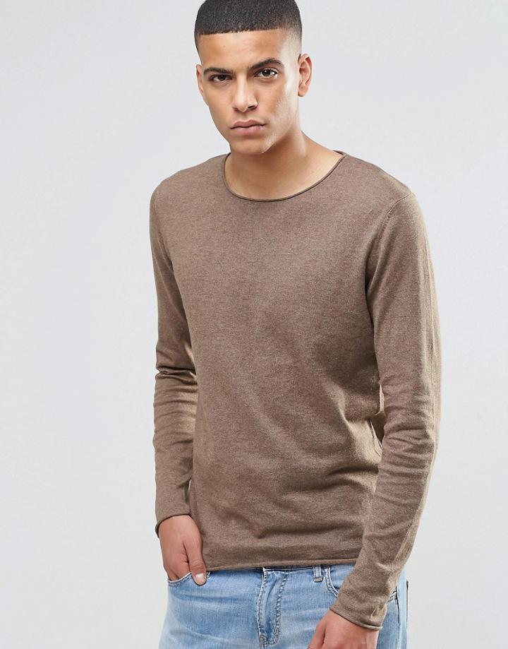 Selected Homme Silk Mix Knitted Sweater With Raw Edge - Camel