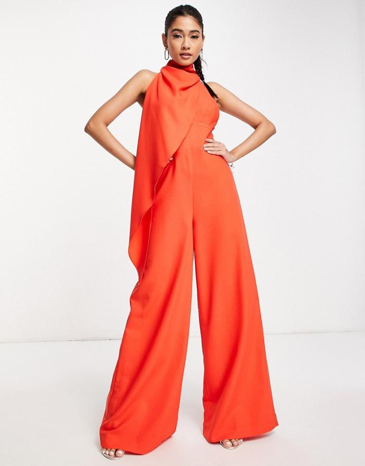 Asos Design Drape Asymmetric Jumpsuit In Red