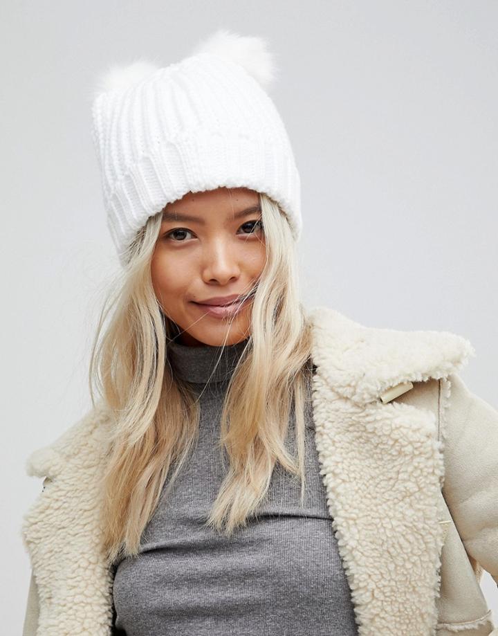 Brave Soul Hlaf Cardigan Knit Hat With 2 Faux Fur Poms In Black - White