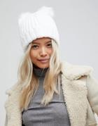 Brave Soul Hlaf Cardigan Knit Hat With 2 Faux Fur Poms In Black - White