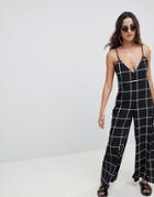 Asos Design Deep V Strap Back Jumpsuit In Minimal Check - Multi