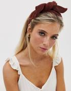 Asos Design Headband With Bow Front In Plisse In Rust-brown