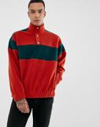Asos Design Oversized Sweatshirt In Fleece With Popper Neck And Color Block Panels In Red - Red