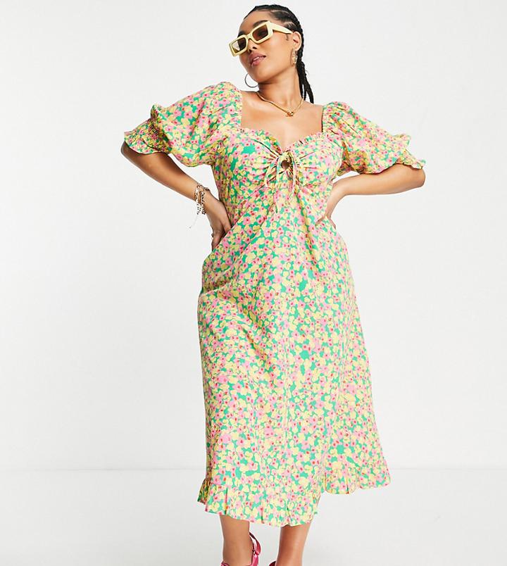 Neon Rose Plus Milkmaid Midi Tea Dress With Tie Bust In Bright Ditsy Floral-multi
