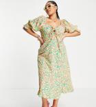 Neon Rose Plus Milkmaid Midi Tea Dress With Tie Bust In Bright Ditsy Floral-multi