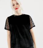 Asos Design Curve Velvet T-shirt With Dobby Mesh Sleeve - Black