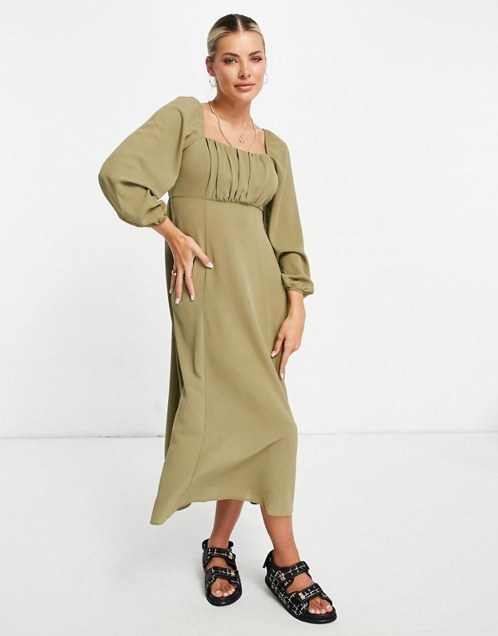 Asos Design Square Ruched Neck Midi Dress In Khaki-green