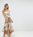 Jarlo Petite Wrap Front Bardot Midi Dress With Fluted High Low Hem - Gold