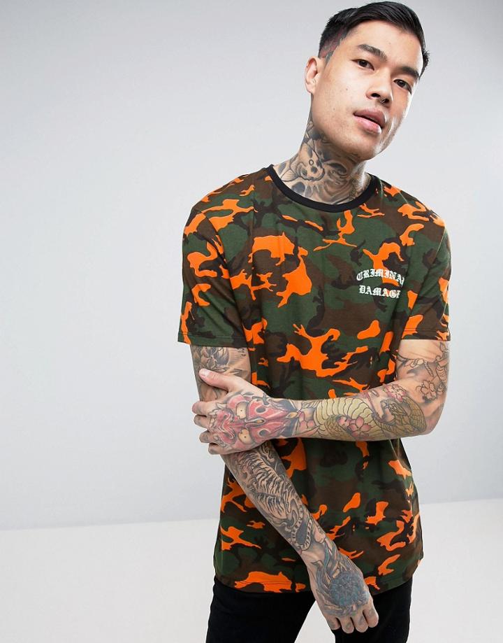 Criminal Damage T-shirt In Camo Print - Orange