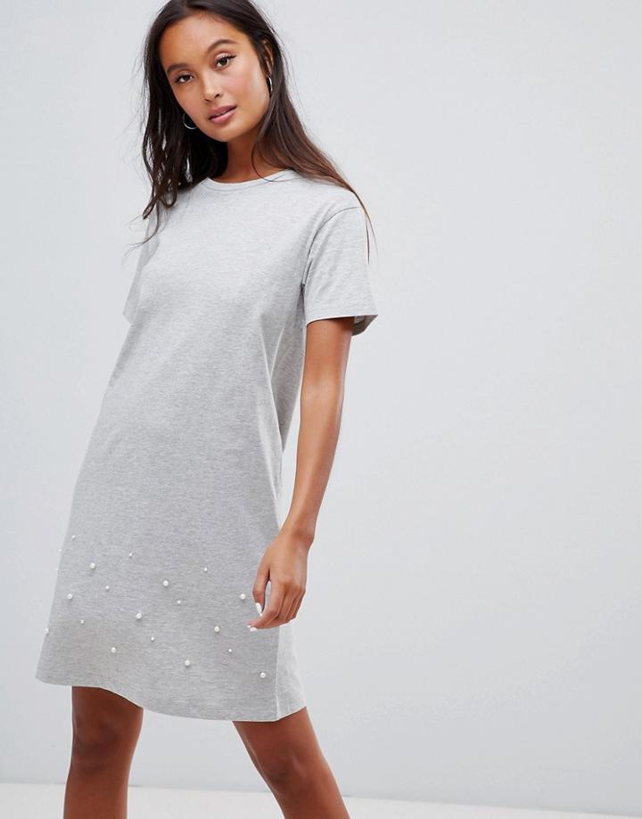 Brave Soul Madge T Shirt Dress With Pearl Trim - Gray