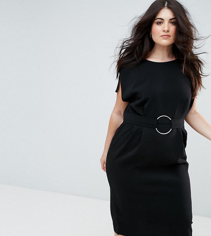 Asos Curve Split Cap Sleeve Midi Dress With Modern Ring Belt - Black