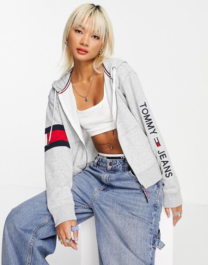 Tommy Jeans Logo Zip Up Hoodie In Gray