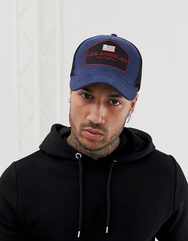 Asos Design Trucker Hat In Navy With Usa Badge - Navy