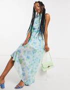 Lost Ink One Shoulder Midaxi Dress With Ruching In Vintage Floral-blues
