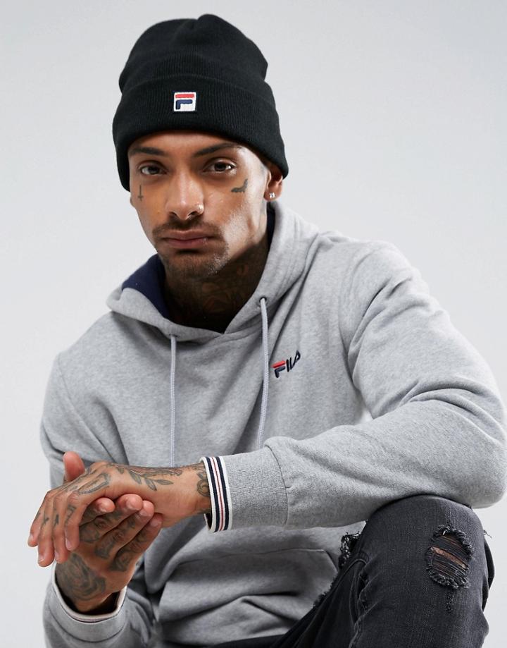 Fila Beanie With Small Box Logo In Black - Black