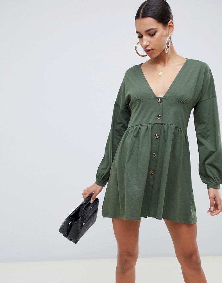 Asos Design Long Sleeve Smock Dress With Buttons And Waist Panel - Green