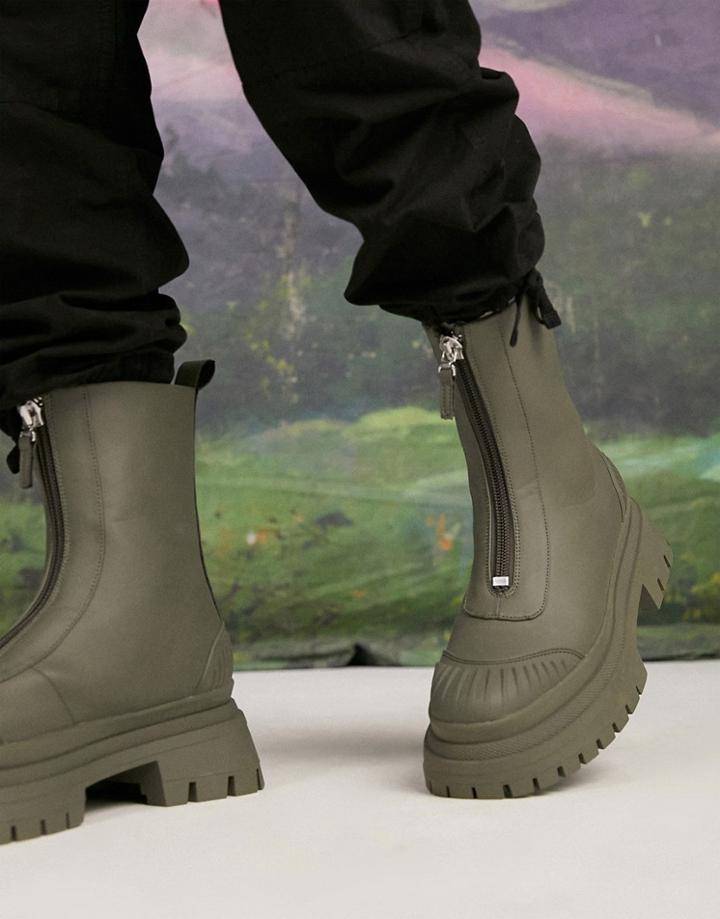Asos Design Chelsea Boots In Khaki Faux Leather With Front Zip And Chunky Sole-green
