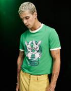 Asos Design Slim Shrunken Ringer T-shirt In Green With Cartoon Bunny Print