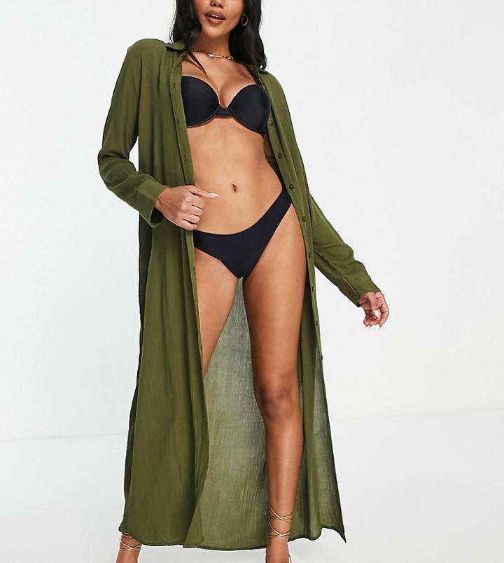 Esmee Exclusive Maxi Beach Shirt Dress In Khaki-green