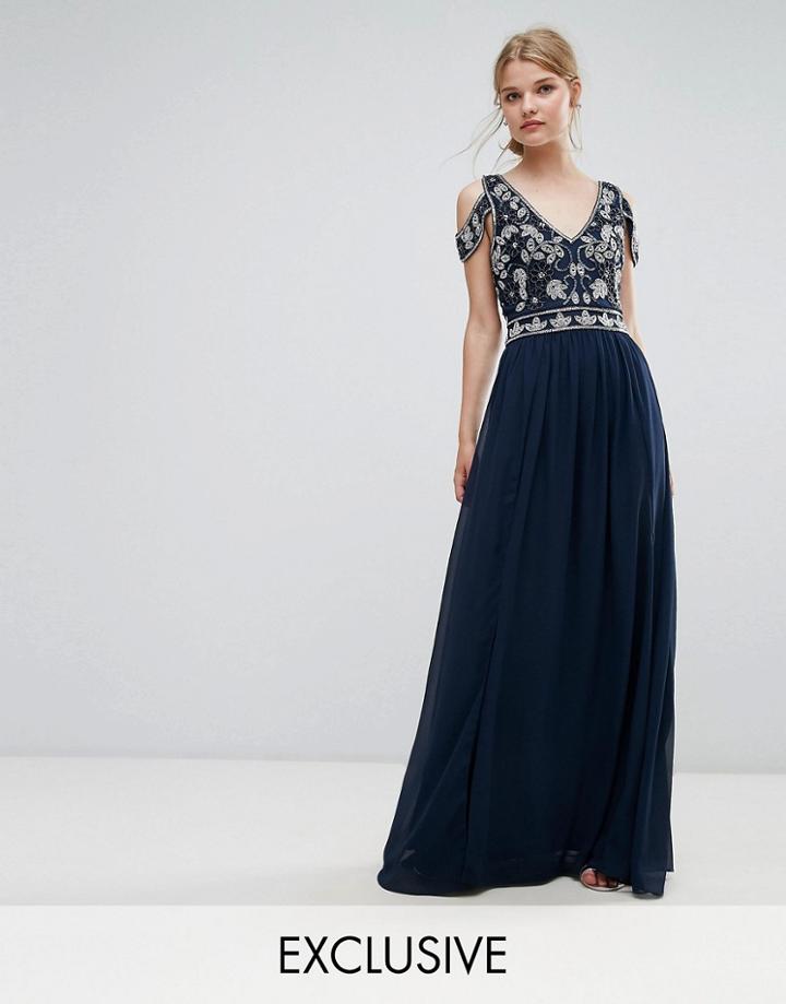 Frock And Frill Cold Shoulder Maxi Dress With Embellishment - Navy
